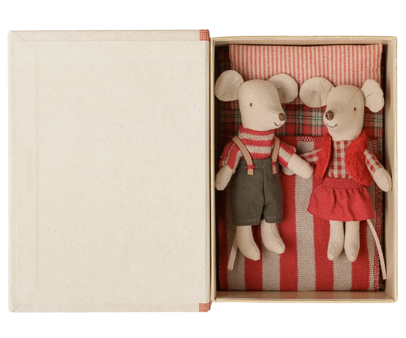 Maileg Christmas twin mice, Little sister and brother in book